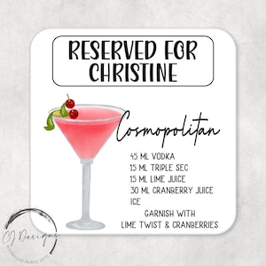 Personalised Cosmopolitan Recipe Drinks Coaster With Name