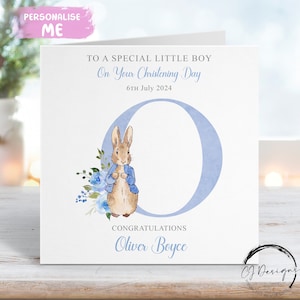 Personalisierte Peter Rabbit Taufkarte für kleinen Jungen, Anfangsname und Datum Grußkarte, Andenken an den Tauftag
