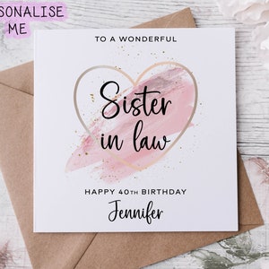Magnifique carte d'anniversaire personnalisée pour belle-sœur avec coeur rose, âge et prénom, carte des 30, 40, 50, 60, 70, 80 ans