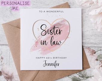 Personalised Wonderful Sister in Law Birthday Card with Pink Theme Heart, Age and name  Card For Her 30th, 40th, 50th, 60th, 70th, 80th