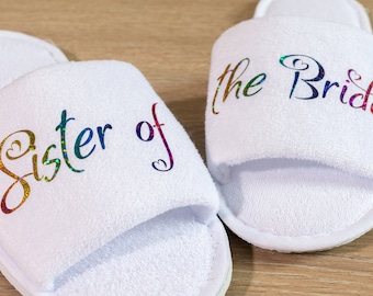 Bridesmaid Slippers Personalised Sister of the Bride Wedding Slippers , Bridesmaid Gift, Bridal Party , Hen Weekend Open Toes Spa Slippers