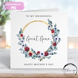 Great Gran Mothers Day Card - rode, blauwe, witte en gouden cirkel bloemenkrans ELKE BEWOORDING Naar mijn/naar onze