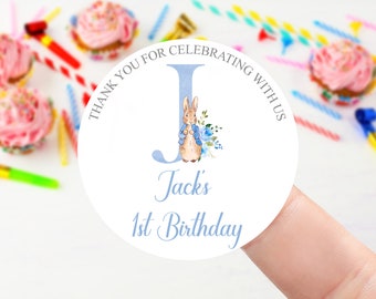 Personalised Boys Birthday Stickers -Peter Rabbit Initial Name /Age Birthday Party Bag Thank You Sticker Sweet Cone- 37mm/45mm /51mm/64mm