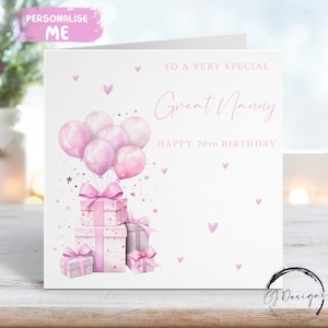 Carte d'anniversaire personnalisée pour nounou, rose, design, cadeau et ballons Tout âge 45e 50e 55e 60e 65e 70e 75e 80e 85e 90e 95e 100e