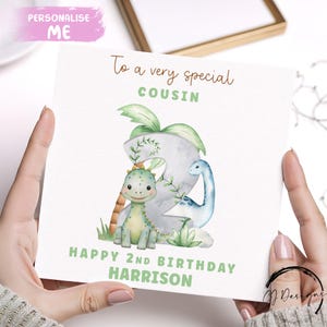 Tarjeta de cumpleaños personalizada para primos, tarjeta con número de dinosaurio (1.º, 2.º, 3.º, 4.º, 5.º, 6.º, 7.º, 8.º, 9.º y 10.º cumpleaños) con nombre y edad.