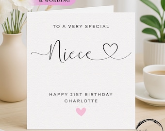 Verjaardagskaart voor nichtje, gepersonaliseerde roze hartletters elke leeftijd/naam
