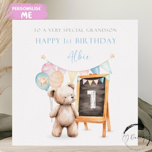 Cartão de aniversário personalizado para neto urso - ursinho fofo com balões qualquer idade e nome para ele 1º 2º 3º 4º 5º 6º 7º 8º 9º