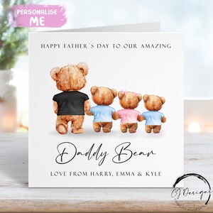 Tarjeta personalizada del Día del Padre con diseño de Papá Oso para hasta 4 niños o gemelos: Papá y Bebé Oso. Cualquier variación. Tarjeta para él con nombres.