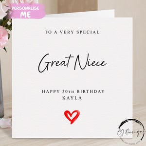 Carte d'anniversaire personnalisée arrière-petite nièce, coeur rouge N'IMPORTE QUELLE TEXTE /ÂGE/ Prénom 18e 21e 21e 30e 40e 50e 60e 65e 70e 75e 80e 85e 90e