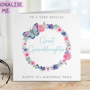 Gepersonaliseerde achterkleindochter verjaardagskaart - bloemen vlinderkrans - elke leeftijd/naam, wenskaart 16e, 18e, 21e, 30e, 40e, 50e