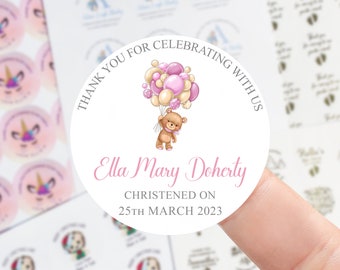 Personalised Christening Stickers -  Girls Teddy with Pink Balloons - Name and Date Thank You For Coming Sticker - 45mm /51mm/64mm