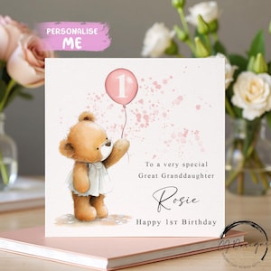 Birthday Card For Great-Granddaughter Personalised Teddy Bear & Pink Balloon ANY AGE image 1