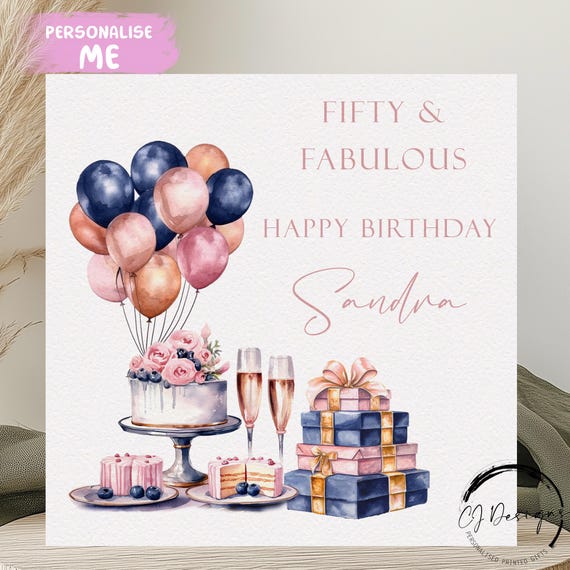 Buy Personalised 50th Birthday Card - Cake Balloons Presents, Sister For GBP 1.99 | Card Factory UK - View #3