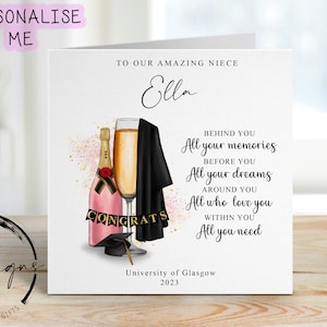 Carte de remise de diplôme personnalisée pour nièce - avec casquette, robe et champagne rose - nom et université à ma/à notre incroyable nièce