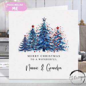 Carte de Noël pour grand-père et grand-père, thème bleu et rouge, sapins de Noël pour grands-parents