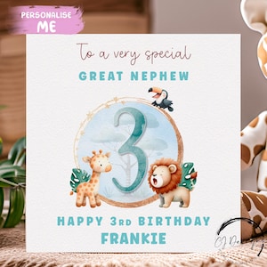 Cartão de aniversário personalizado para sobrinho-neto, tema Safari, nome e idade - para ele, QUALQUER IDADE 1º 2º 3º 4º 5º 6º 7º 8º 9º 10º
