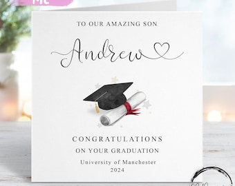 Personalised Son Graduation Card- with Cap & Scroll- Heart Name and University ANY YEAR