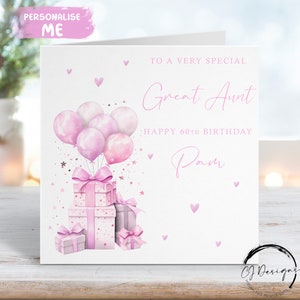 Gepersonaliseerde oudtante verjaardagskaart roze ontwerp, cadeau en ballonnen elke leeftijd/naam 40e 50e 60e 70e 80e 90e 65e 75e 85e