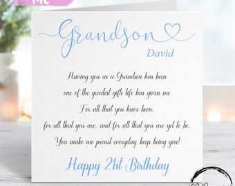 Personalised Grandson Birthday Card- Poem, Quote Card- Keepsake Card ANY AGE 16th 18th 21st 30th 40th 50th 60th