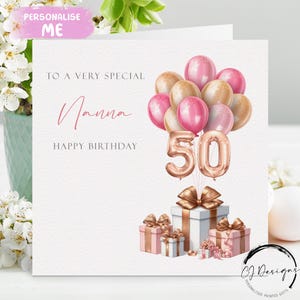 Carte d'anniversaire personnalisée Nanna tout âge rose et or rose ballons numéros 40e 50e 55e 60e 65e 70e 75e 80e 85e 90e 95e 100e