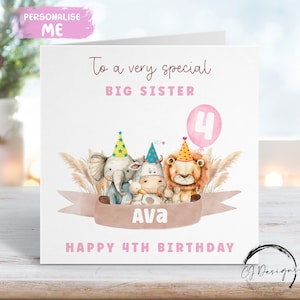 Carte d'anniversaire personnalisée grande soeur, nom et âge de la fête des animaux - pour elle, à tout âge, 1er 2e 3e 4e 5e 6e 7e 7e 8e 9e 10e