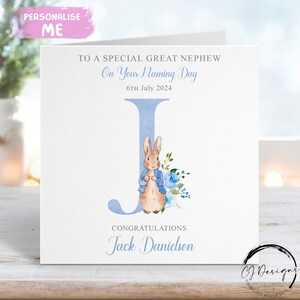 Personalisierte Peter Rabbit Großneffe Namenstagskarte, Anfangsname und Datum Grußkarte, Namenstags-Andenken