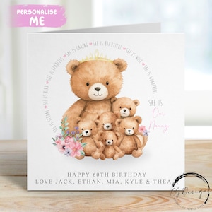 Carte d'anniversaire personnalisée nounou ours jusqu'à 5 enfants nounou et bébé ours - Toute formulation 40e 50e 60e 70e 80e 90e 100e