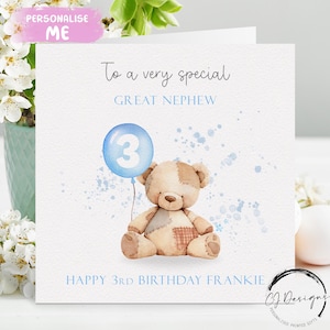 Cartão de aniversário personalizado para sobrinho-neto urso - Urso fofo com balão azul Qualquer idade e nome para ele 1º 2º 3º 4º 5º 6º 7º 8º 9º 10º
