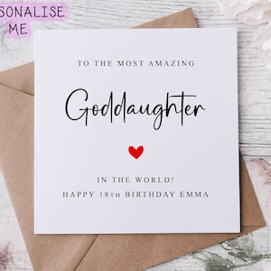 Carte d'anniversaire personnalisée pour filleule avec coeur rouge, Bestin the World - âge et nom, carte pour elle 30e, 40e, 50e, 60e, tout âge