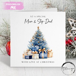 Blauwe en gouden kerstkaart moeder en stiefvader Bomen en cadeaus ouderskaart