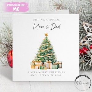 Mam & Dad kerstkaart groen en goud thema bomen en cadeaus ouderkaart