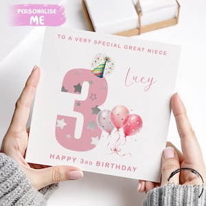 Cartão de aniversário personalizado para sobrinha-neta, número rosa e balões, idade, 1º, 2º, 3º, 4º, 5º, 6º, 7º, 8º, 9º e 10º com nome
