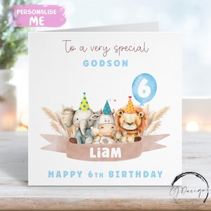 Carte d'anniversaire filleul personnalisée, thème de la fête des animaux, nom et âge - pour lui, à tout âge, 1er 2e 3e 4e 5e 6e 7e 8e 9e 10e