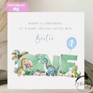 Gepersonaliseerde eerste verjaardagskaart voor kleine jongen dinosaurus groen en blauw verjaardagskaart - 1e verjaardag