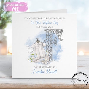 Tarjeta de bautizo personalizada para sobrino nieto, con inicial y fecha, recuerdo del día del bautizo.