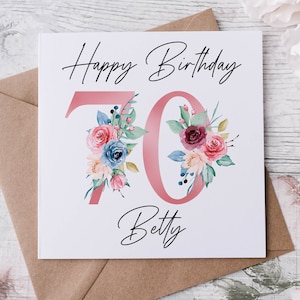 Biglietto di auguri personalizzato per il 70° compleanno con motivo floreale, età e nome, biglietto di auguri per il suo 40°, 50°, 70°, 80°, 90°, 100° compleanno