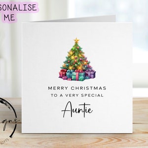 Carte de Noël pour tante spéciale avec arbre de Noël coloré et cadeaux