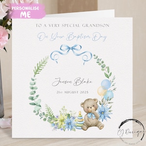 Tarjeta de bautismo personalizada para nieto, osito de peluche con marco floral azul y verde, tarjeta de felicitación con nombre y fecha, recuerdo del día del bautismo