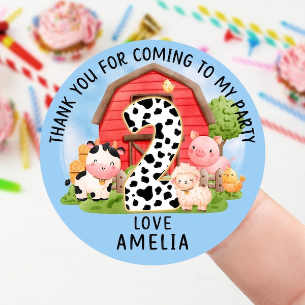 Pegatinas de cumpleaños personalizadas - Tema de animales de granja - Nombre - Bolsa de fiesta de cumpleaños - Pegatina de agradecimiento - Cono dulce - 37 mm/45 mm/51 mm/64 mm