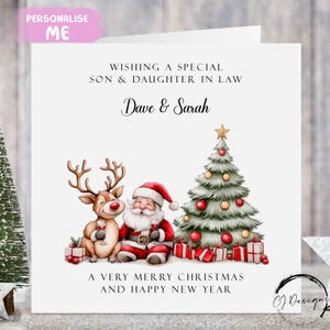 Biglietto di Natale personalizzato per figlio e nuora - Biglietto con coppia di Babbo Natale ubriachi e renne