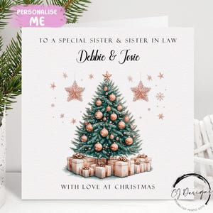Carte de Noël personnalisée avec arbre et belle-soeur, couleur or rose, carte pour couple