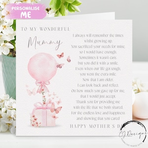 Biglietto per la festa della mamma, biglietto con poesia - palloncino rosa e regalo QUALSIASI TESTO