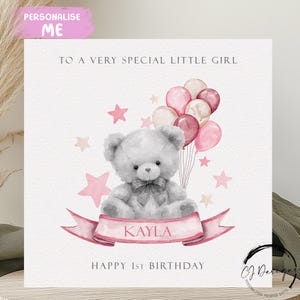 Cartão de aniversário personalizado para menina ursinha - Ursinho fofo com balões rosa, qualquer idade e nome para seu 1º, 2º, 3º, 4º, 5º, 6º, 7º e 8º ano