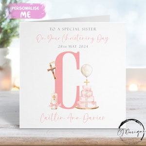 Biglietto di auguri personalizzato per il battesimo della sorella, biglietto di auguri con iniziale del nome e data, ricordo del giorno del battesimo per lei