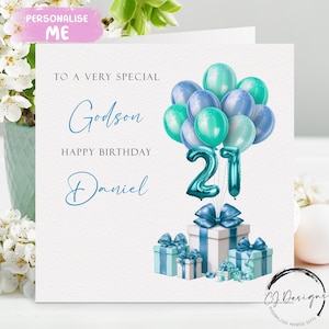 Carte d'anniversaire filleul personnalisée tout âge/nom - bleu/vert ballons âge 14-15-16 17 18 21 25 30 40 45 50 55