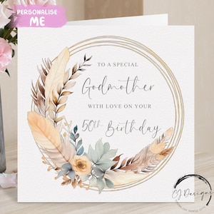 Cartão de aniversário personalizado para madrinha, penas creme e moldura de flores/coroa, qualquer idade, 30, 40, 45, 50, 60, 65, 70, 75, 80, 90, 100
