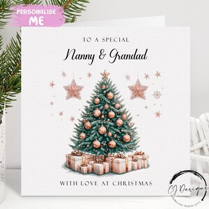 Carte de Noël pour grands-parents et grands-parents, arbre à thème couleur or rose et cadeaux, carte pour couple