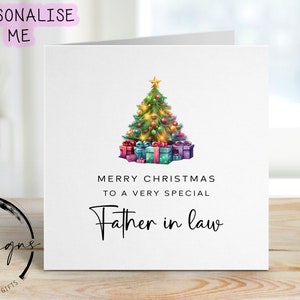 Kerstkaart voor speciale schoonvader Kerstboom met kleurrijke cadeaus