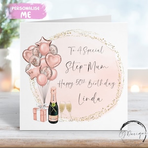 Gepersonaliseerde stiefmoeder = verjaardagskaart Rose goud en goud themaballonnen Elke leeftijd 21e 30e 40e 50e 60e 70e 80e 90e 100e