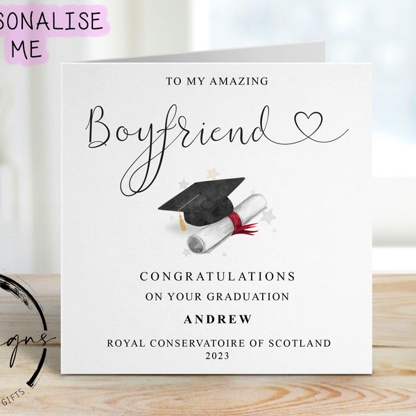 Personalised Boyfriend Graduation Card- with Cap & Scroll- Name and University Medium or Large card Amazing Partner